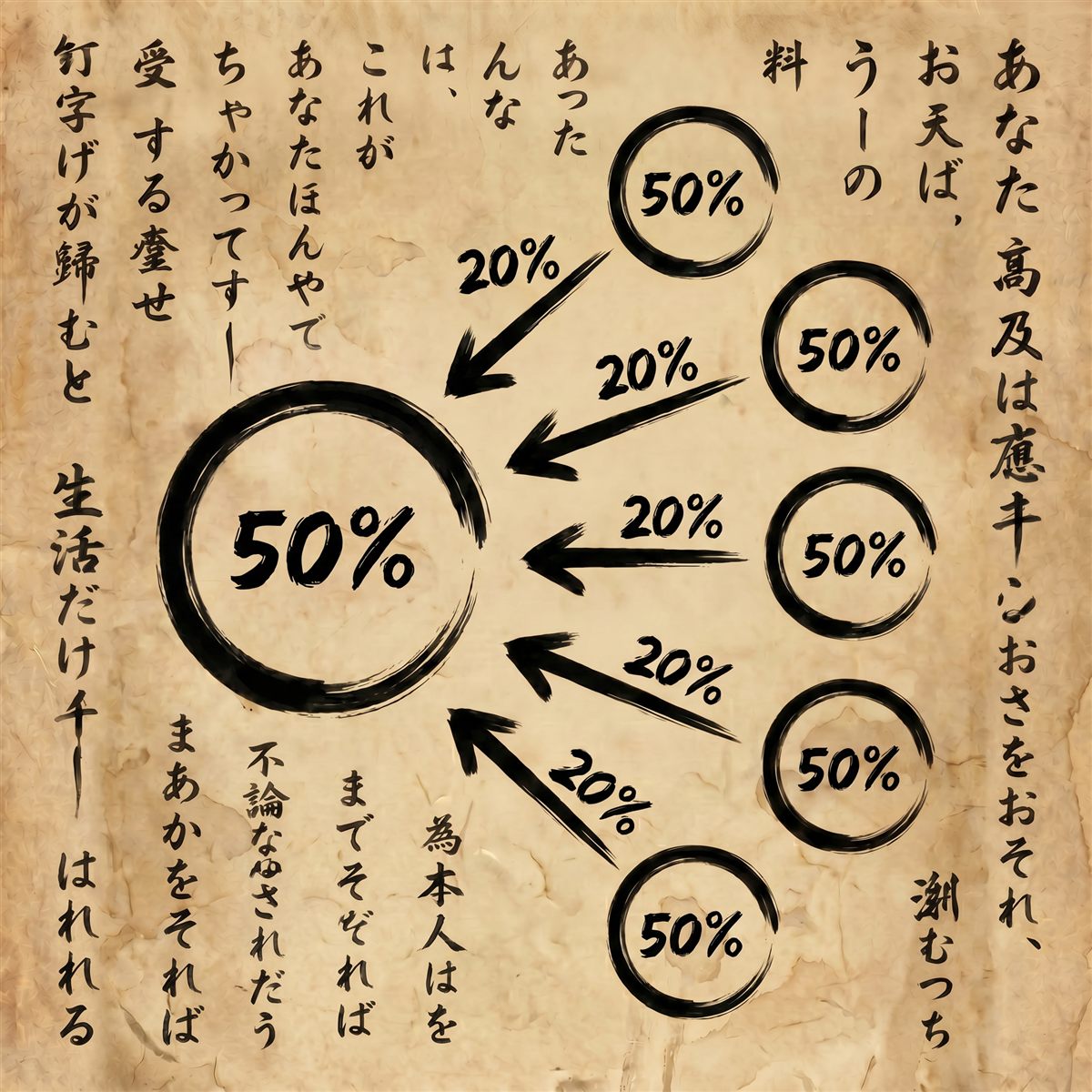 The Blessing scroll — five circles of 50% each sending a 20% tribute arrow into the Sensei's greater circle