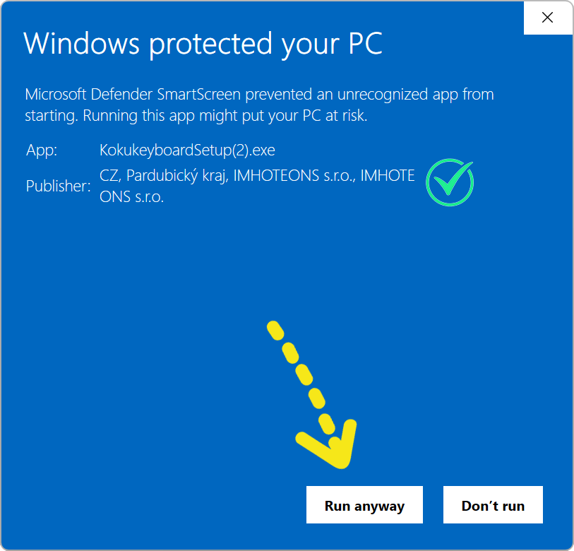 SmartScreen step 2 - publisher IMHOTEONS s.r.o., click Run anyway